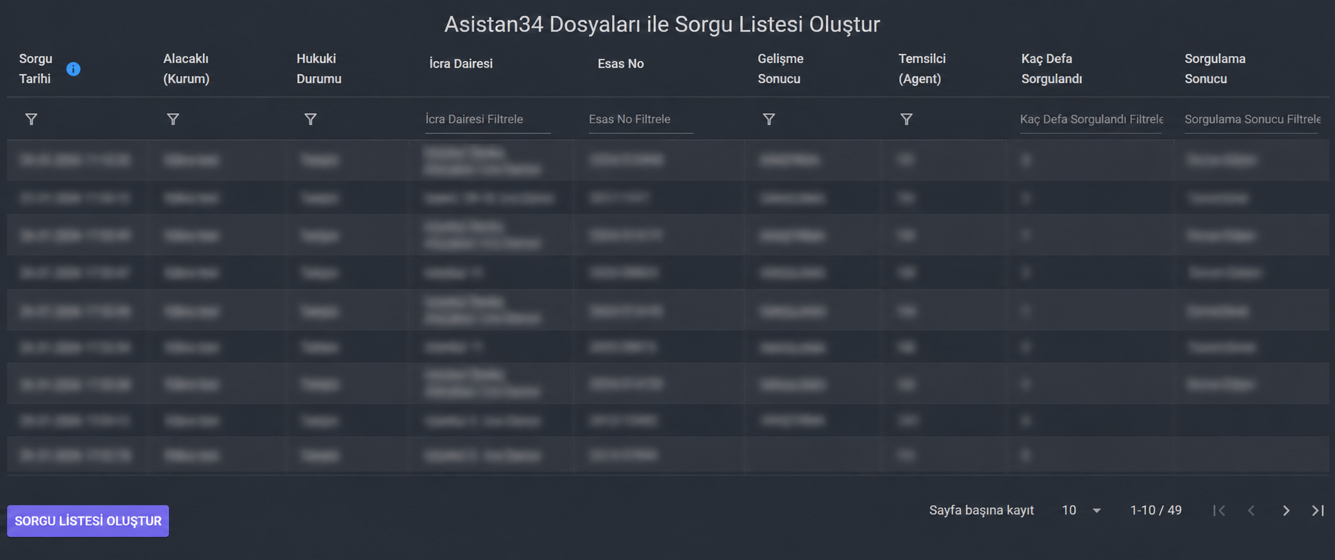 Asistan34 dosyaları ile sorgu listesi oluşturma ekranı
