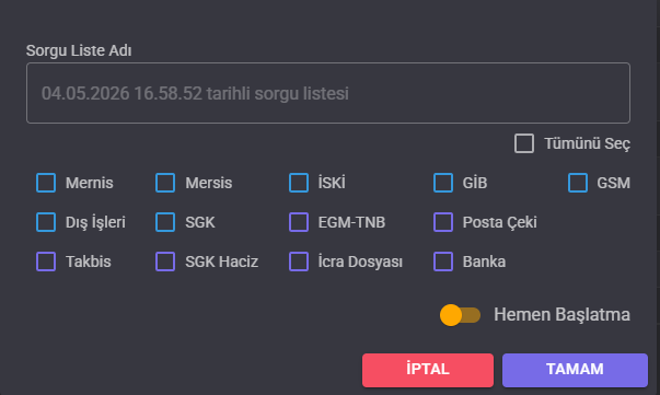Asistan34 üzerinden toplu sorgu başlatma penceresi
