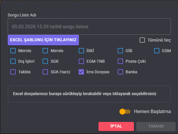 LawAst UYAP toplu sorgu penceresinde İcra Dosyası seçili