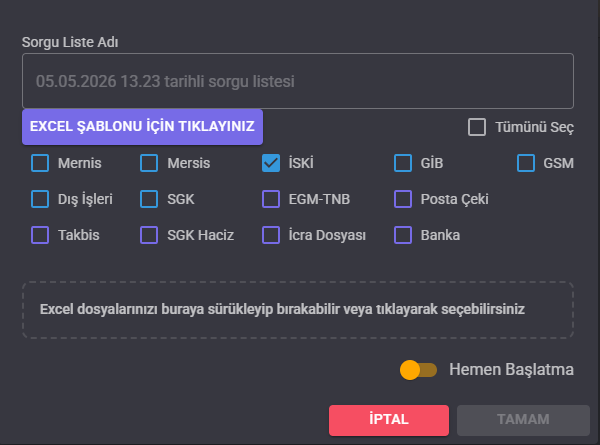 LawAst UYAP toplu sorgu penceresinde İSKİ seçili