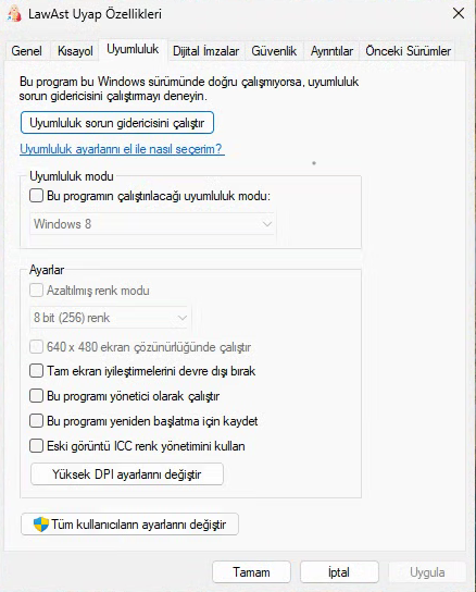 Uyumluluk modu kapalı - doğru ayar