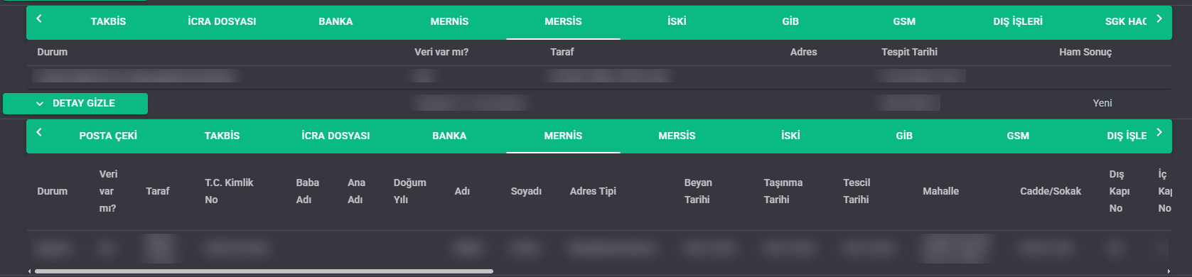 LawAst UYAP Mernis ve Mersis sorgu sonuç tablosu