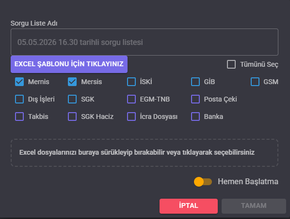 LawAst UYAP toplu sorgu penceresinde Mernis ve Mersis seçili