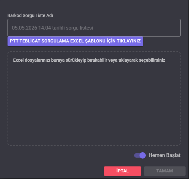 LawAst UYAP PTT tebligat barkod sorgu listesi oluşturma penceresi