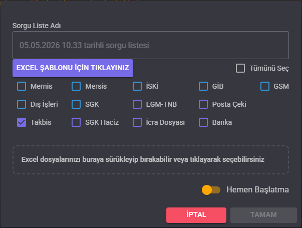 LawAst UYAP toplu sorgu penceresinde Takbis seçili